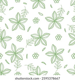 Seamless floral pattern, cute ditsy print with pretty spring, summer flora. Liberty botanical design with small hand drawn plants: simple flowers, leaves on white background. Vector illustration
