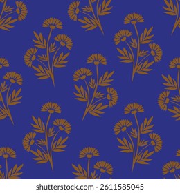 Seamless floral pattern, cute ditsy print with simple decorative plants. Pretty botanical surface design: small hand drawn flowers, leaves, colorful meadow on a blue background. Vector illustration.
