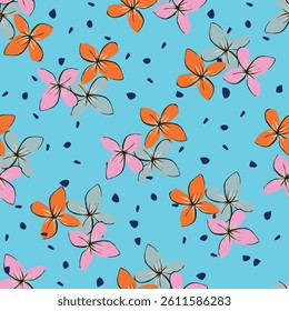 Seamless floral pattern, cute ditsy print with simple decorative plants. Pretty botanical surface design: small hand drawn flowers, leaves, colorful meadow on a blue background. Vector illustration.