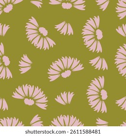 Seamless floral pattern, cute ditsy print with simple decorative plants. Pretty botanical surface design: small hand drawn flowers, leaves, colorful meadow on a blue background. Vector illustration.