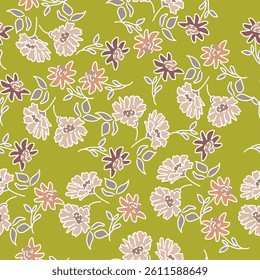 Seamless floral pattern, cute ditsy print with simple decorative plants. Pretty botanical surface design: small hand drawn flowers, leaves, colorful meadow on a blue background. Vector illustration.