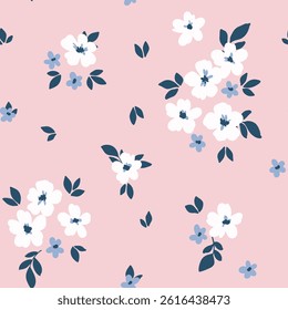 Seamless floral pattern, cute ditsy print with simple hand drawn flowers. Delicate botanical design of small plants, pretty bouquets with tiny flowers, leaves on pink background. Vector illustration.