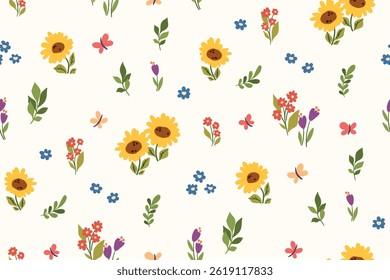Padrão floral contínuo, impressão ditsy bonito com plantas de verão. Design botânico bonito, azulejo colorido simples de flores desenhadas à mão pequena, folhas em composição livre. Ilustração vetorial.