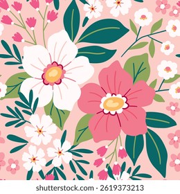 Padrão floral contínuo, impressão ditsy bonito com grandes plantas desenhadas à mão em um campo rosa. Design botânico bonito em estilo feminino. Grandes, pequenas margaridas flores, folhas, prado de primavera. Ilustração vetorial.