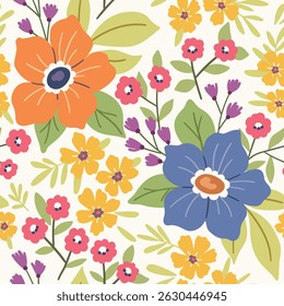 Padrão floral sem emenda, impressão ditsy bonito do prado bonito do verão. Projeto botânico de plantas desenhadas à mão, grandes flores coloridas, pequenas flores silvestres, folhas em composição abstrata. Ilustração vetorial