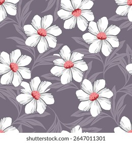 Patrón floral sin fisuras, lindo estampado elegante, adorno abstracto de flores de arte decorativo de dibujos animados. Diseño botánico: Pequeñas flores dibujadas a mano, hojas, ramos simples. Bonita Ilustración vectorial.
