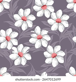 Patrón floral sin fisuras, lindo estampado elegante, adorno abstracto de flores de arte decorativo de dibujos animados. Diseño botánico: Pequeñas flores dibujadas a mano, hojas, ramos simples. Bonita Ilustración vectorial.
