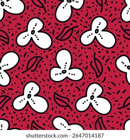 Seamless floral pattern, cute ditsy print, abstract ornament of cartoon decorative art flowers. Botanical design: small hand drawn flowers, leaves, simple bouquets. Pretty vector illustration.
