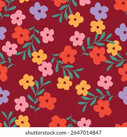 Patrón floral sin fisuras, lindo estampado elegante, adorno abstracto de flores de arte decorativo de dibujos animados. Diseño botánico: Pequeñas flores dibujadas a mano, hojas, ramos simples. Bonita Ilustración vectorial.
