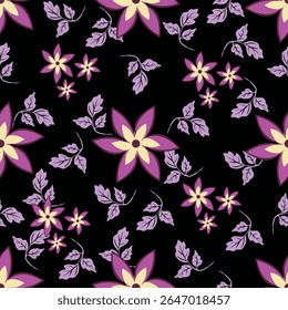 Padrão floral contínuo, impressão ditsy bonito, ornamento abstrato de flores de arte decorativa de desenhos animados. Projeto botânico: pequenas flores desenhadas à mão, folhas, buquês simples. Ilustração vetorial bonita.
