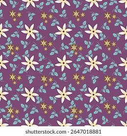 Patrón floral sin fisuras, lindo estampado elegante, adorno abstracto de flores de arte decorativo de dibujos animados. Diseño botánico: Pequeñas flores dibujadas a mano, hojas, ramos simples. Bonita Ilustración vectorial.

