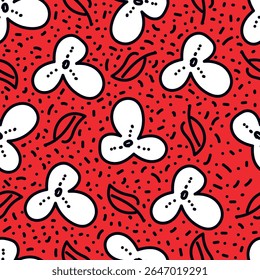 Patrón floral sin fisuras, lindo estampado elegante, adorno abstracto de flores de arte decorativo de dibujos animados. Diseño botánico: Pequeñas flores dibujadas a mano, hojas, ramos simples. Bonita Ilustración vectorial.
