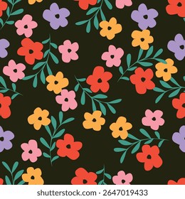 Patrón floral sin fisuras, lindo estampado elegante, adorno abstracto de flores de arte decorativo de dibujos animados. Diseño botánico: Pequeñas flores dibujadas a mano, hojas, ramos simples. Bonita Ilustración vectorial.
