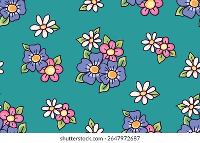 Seamless floral pattern, cute ditsy print with simple hand drawn plants. Pretty botanical design in girly style. Small daisy flowers, tiny leaves, bouquets in summer colors. Vector illustration.