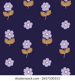 Padrão floral sem costura, impressão ditsy bonito, ornamento simples de grandes flores desenhadas à mão no fundo roxo. Lindo tecido botânico, papel de parede design de flores no caule, folhas. Ilustração vetorial.
