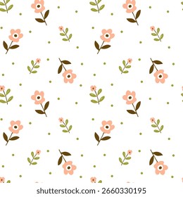 Nahtloses Blumenmuster, süßer dizarrer Kacheldruck, abstrakter Schmuck aus sanften dekorativen Blumen. Botanische Oberflächengestaltung: kleine handgezeichnete Blumen, grüne Blätter, Sträuße auf Weiß. Vektorgrafik