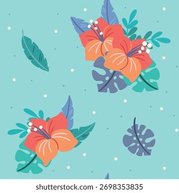 Seamless floral pattern, cute ditsy print of tropical flowers. Delicate botanical design in retro motif, small hibiscus flowers, little leaves, simple bouquet on blue background. Vector illustration.