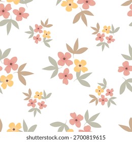 Seamless floral pattern, cute ditsy print with simple decorative plants. Pretty botanical surface design: small hand drawn flowers, leaves, colorful meadow on a blue background. Vector illustration