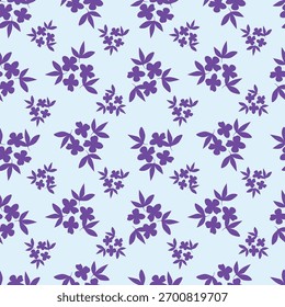 Seamless floral pattern, cute ditsy print with simple decorative plants. Pretty botanical surface design: small hand drawn flowers, leaves, colorful meadow on a blue background. Vector illustration
