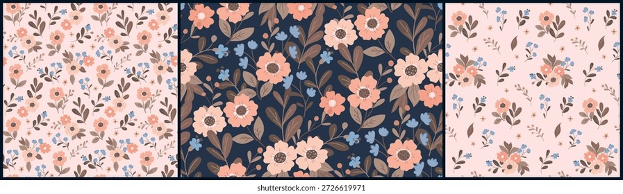 Nahtloses Blumenmuster, ein süßer, schmutziger Druck in zarten Naturfarben. Hübsche botanische Design-Sammlung von kleinen handgezeichneten Gänseblümchen, Blätter, einfache dekorative Sträuße. Vektorgrafik.