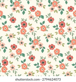 Seamless floral pattern, cute ditsy print of mini hand drawn plants in folk motif. Pretty botanical design of small simple daisy flowers, tiny leaves, summer bouquets abstract. Vector illustration.