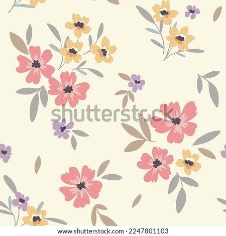 Seamless floral pattern, cute ditsy print with rustic motif. Delicate flower surface design with small hand drawn plants: flowers, leaves, twigs on a light background. Vector illustration.
