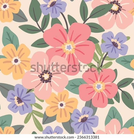Seamless floral pattern, cute ditsy print with large daisies. Pretty botanical design in pastel colors: hand drawn simple flowers, leaves, blooming meadow on a light surface. Vector illustration.