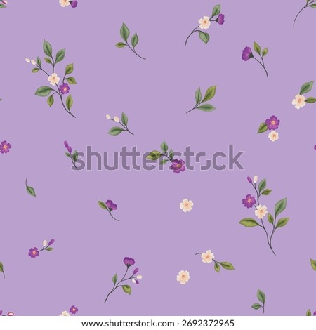 Seamless floral pattern, cute ditsy print in liberty style. Delicate botanical design of tiny simple flora, small hand-drawn daisies, leaves, mini branches in a random arrangement on purple. Vector