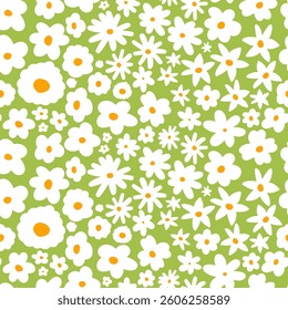 Seamless floral pattern with cute doodle flowers. Little white daisy background