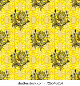 Seamless floral pattern with cute doodles flowers. Collection of hand drawn flowers and plants. In sketch style yellow, beige and black colors. Vector illustration. Vector illustration.