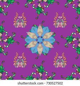 Seamless floral pattern with cute doodles flowers. In sketch style purple, blue and green colors. Collection of hand drawn flowers and plants. Vector illustration. Vector illustration.