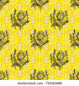 Seamless floral pattern with cute doodles flowers. Collection of hand drawn flowers and plants. In sketch style yellow, beige and black colors. Vector illustration. Vector illustration.