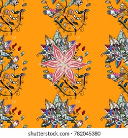 Seamless floral pattern with cute doodles flowers. Collection of hand drawn flowers and plants. Vector illustration. Vector illustration. In sketch style yellow, black and neutral colors.