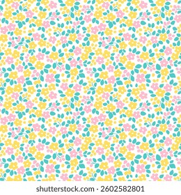Seamless floral pattern. Cute field of flowers of small pink and yellow flowers and green leaves. Light flowers on white background in Easter spring vintage print. Stock vector for prints on surface.