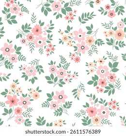 Seamless floral pattern. Cute field of flowers of small pink flowers and green leaves. Light flowers on white background in Easter spring vintage print. Stock vector for prints on surface.