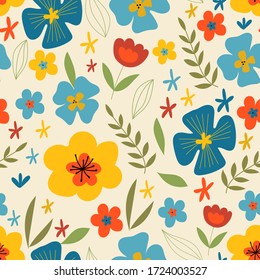 Nahtlose Blumenmuster. Cute Muster mit flachen, mehrfarbigen Blumen auf beigem Hintergrund.Mehrfarbige, stilisierte Blumen und Blätter.Für Stoff, Tapete, Verpackungspapier-Design, botanisches Verpackungspapier