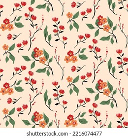 Seamless floral pattern, cute flower print with hand drawn decorative wild plants. Cute floral background with an abstract composition of branches, small flowers, leaves. Vector botanical illustration