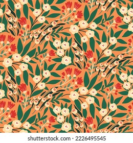 Seamless floral pattern, cute flower print with pretty hand drawn garden. Cute ditsy design with decorative wild plants, small flowers on branches, leaves on yellow background. Vector illustration.