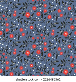 Seamless floral pattern, cute flower print with hand drawn wild plants on blue background. Pretty flower design of tiny branches, small flowers, leaves. Botanical background with vintage motif. Vector