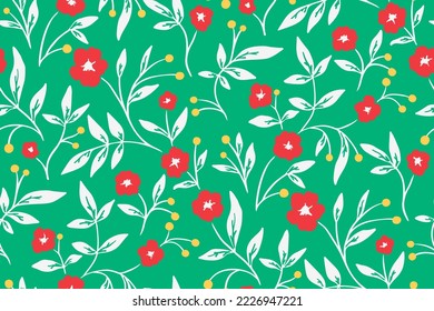 Seamless floral pattern, cute flower print with vintage folk motif. Pretty ditsy design with hand drawn wild plants: small red flowers, thin branches, leaves on a green background. Vector illustration