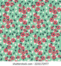 Seamless floral pattern, cute flower design, abstract arrangement of small red flowers, leaves on a green background. Vector.