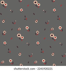 Seamless floral pattern, cute flower print with tiny sparse flowers. Liberty ditsy design with small hand drawn flowers and leaves on gray background. Trendy floral surface design, vector illustration