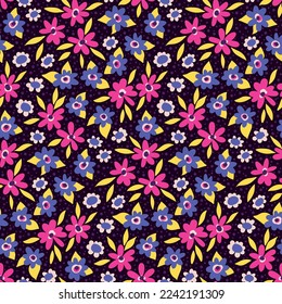 Seamless floral pattern, cute flower print with liberty hand drawn meadow. Pretty ditsy design with small flowers, tiny leaves on a dark black background. Colorful pattern for fabric, paper. Vector.