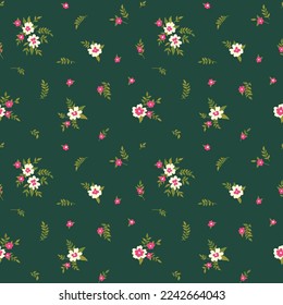 Seamless floral pattern, cute flower print with tiny hand drawn flowers in liberty arrangement. Pretty ditsy fabric, paper design: small flowers, leaves on a dark green background. Vector illustration