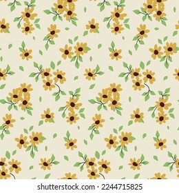 Patrón floral sin foco, adorable estampado floral con flores dibujadas a mano. Diseño moderno para tejidos, papel: flores amarillas pequeñas, hojas sobre un fondo claro. Ilustración botánica vectorial.