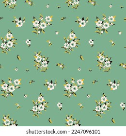 Seamless floral pattern, cute flower print with rustic motif. Pretty ditsy design for fabric, paper: small hand drawn flowers, twigs, tiny leaves on a light background. Vector botanical illustration.