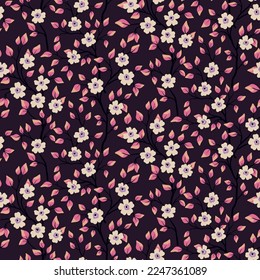 Nahtlose Blumenmuster, süßer Blumendruck mit Vintage Motiv. Schönes Design mit dunklem Garten: kleine handgezeichnete Blumen, Blätter, Äste auf dunkelviolettem Hintergrund. Vektorgrafik.