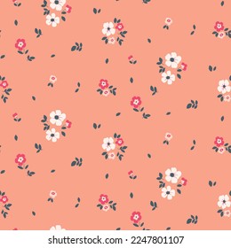 Seamless floral pattern, cute flower print with tiny hand drawn flowers. Pretty girly ditsy design with small flowers, leaves in a liberty arrangement on delicate pink background. Vector illustration.