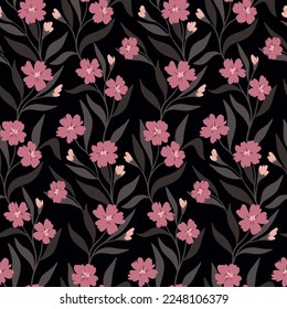 Nahtlose Blumenmuster, süßer Blumendruck mit handgezeichneten Wildblumen in dunklen Farben. Hübscher floraler Hintergrund mit kleinen rosa Blumen, Zweigen, großen Blättern. Vektorbotanische Illustration.