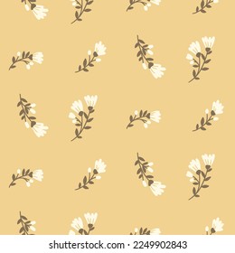 Seamless floral pattern, cute flower print with small twigs, rustic motif. Simple flower design with hand drawn flowers, tiny leaves on stems. Vintage botany on a beige background. Vector illustration